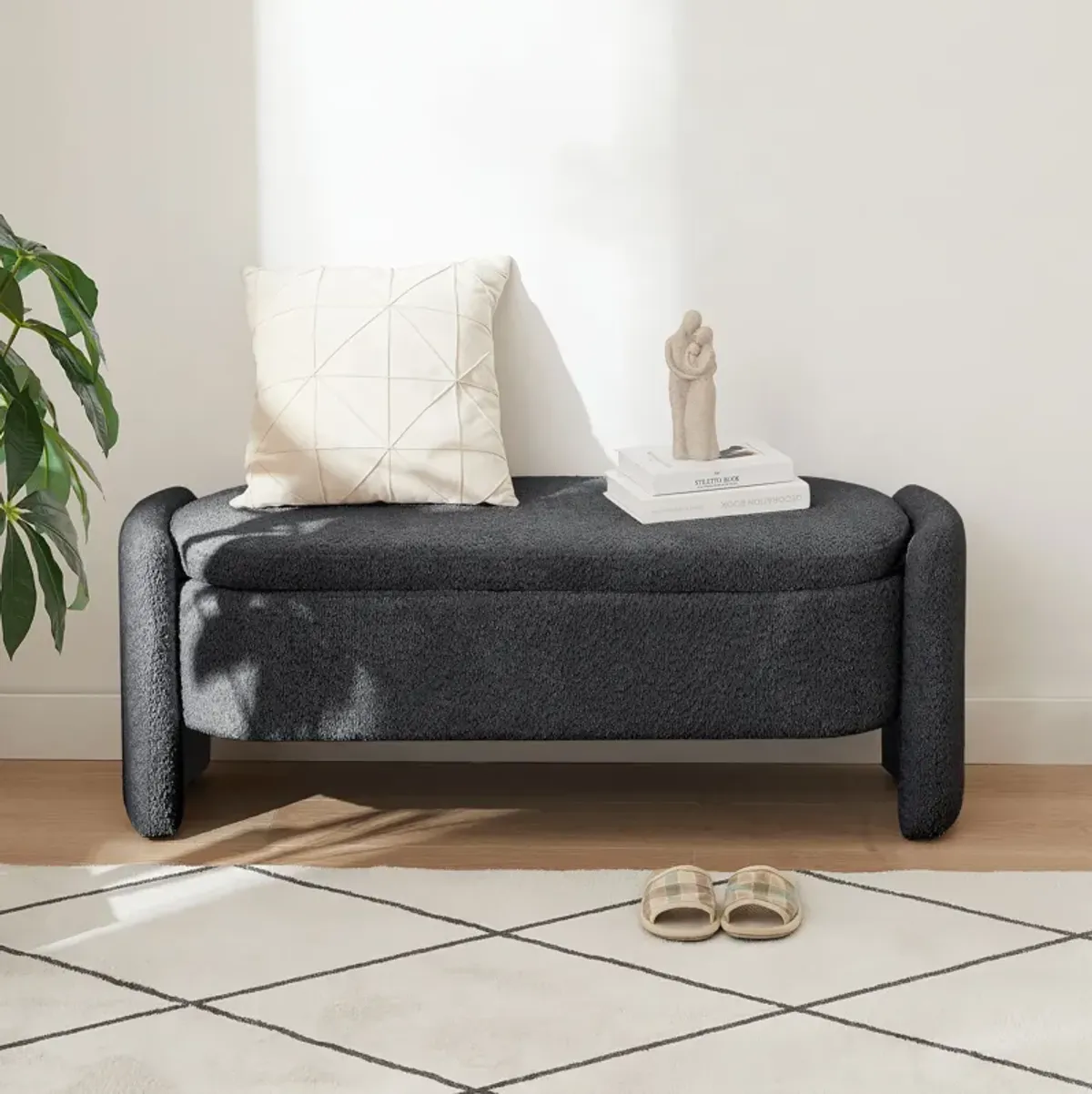 Ottoman Oval Storage Bench, 3D Lamb Fleece Bench With Large Storage Space For The Living Room, Entryway And Bedroom