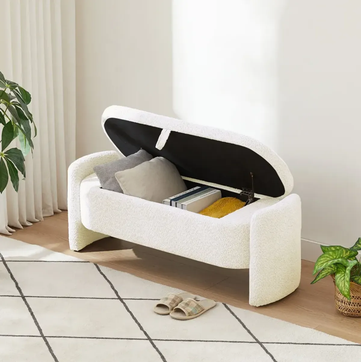 Ottoman Oval Storage Bench, 3D Lamb Fleece Bench With Large Storage Space For The Living Room, Entryway And Bedroom