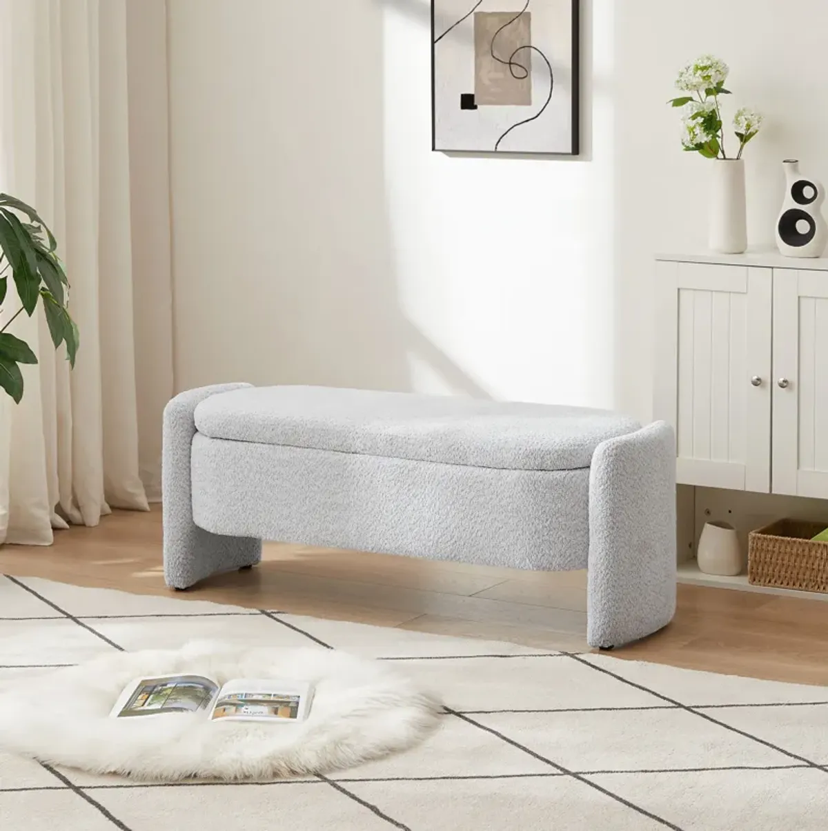 Ottoman Oval Storage Bench, 3D Lamb Fleece Bench With Large Storage Space For The Living Room, Entryway And Bedroom