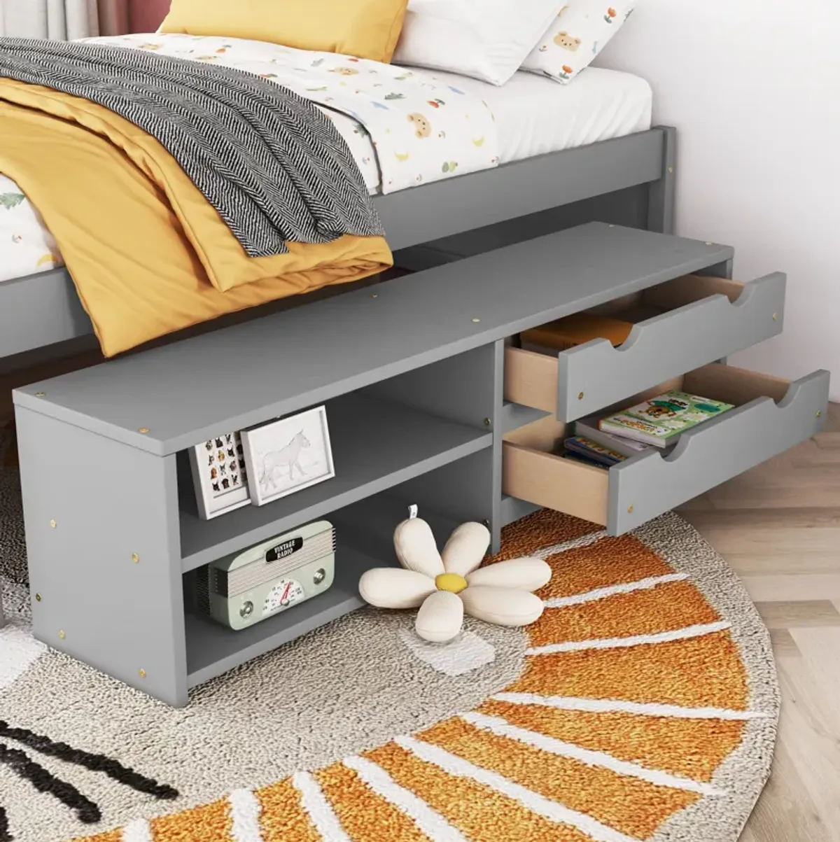 Versatile Bed With Trundle, Under Bed Storage Box And Nightstand