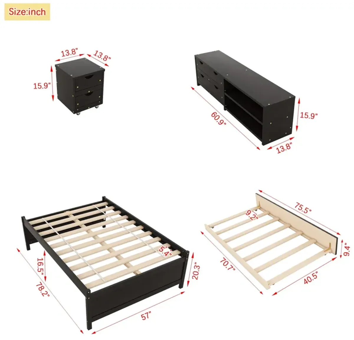 Versatile Bed With Trundle, Under Bed Storage Box And Nightstand