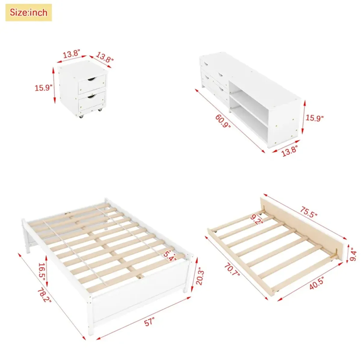 Versatile Bed With Trundle, Under Bed Storage Box And Nightstand