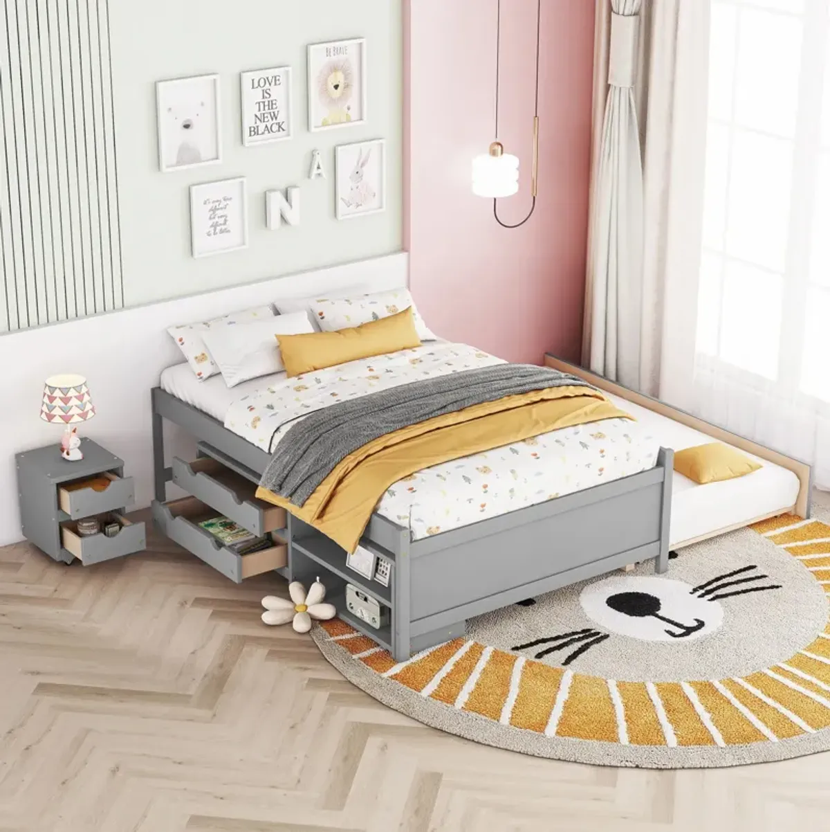 Versatile Bed With Trundle, Under Bed Storage Box And Nightstand