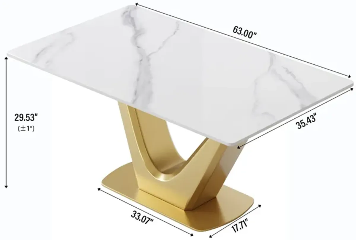 63" Modern Artificial Stone Panel V-Shaped Metal Legs, Can Accommodate 6-8 People