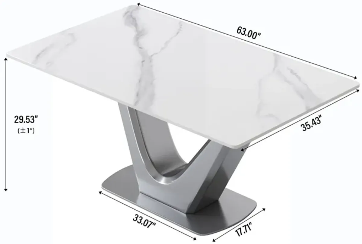 63" Modern Artificial Stone Panel V-Shaped Metal Legs, Can Accommodate 6-8 People