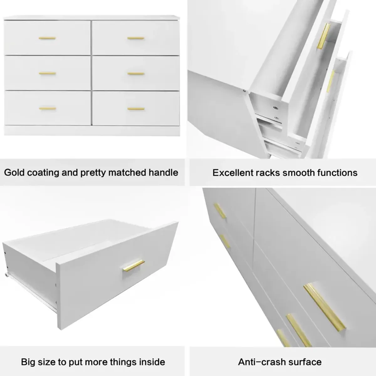 Modern White 6 Drawer Dresser For Bedroom, Ample Storage Wide Chest Of Drawers, Sturdy & Safe