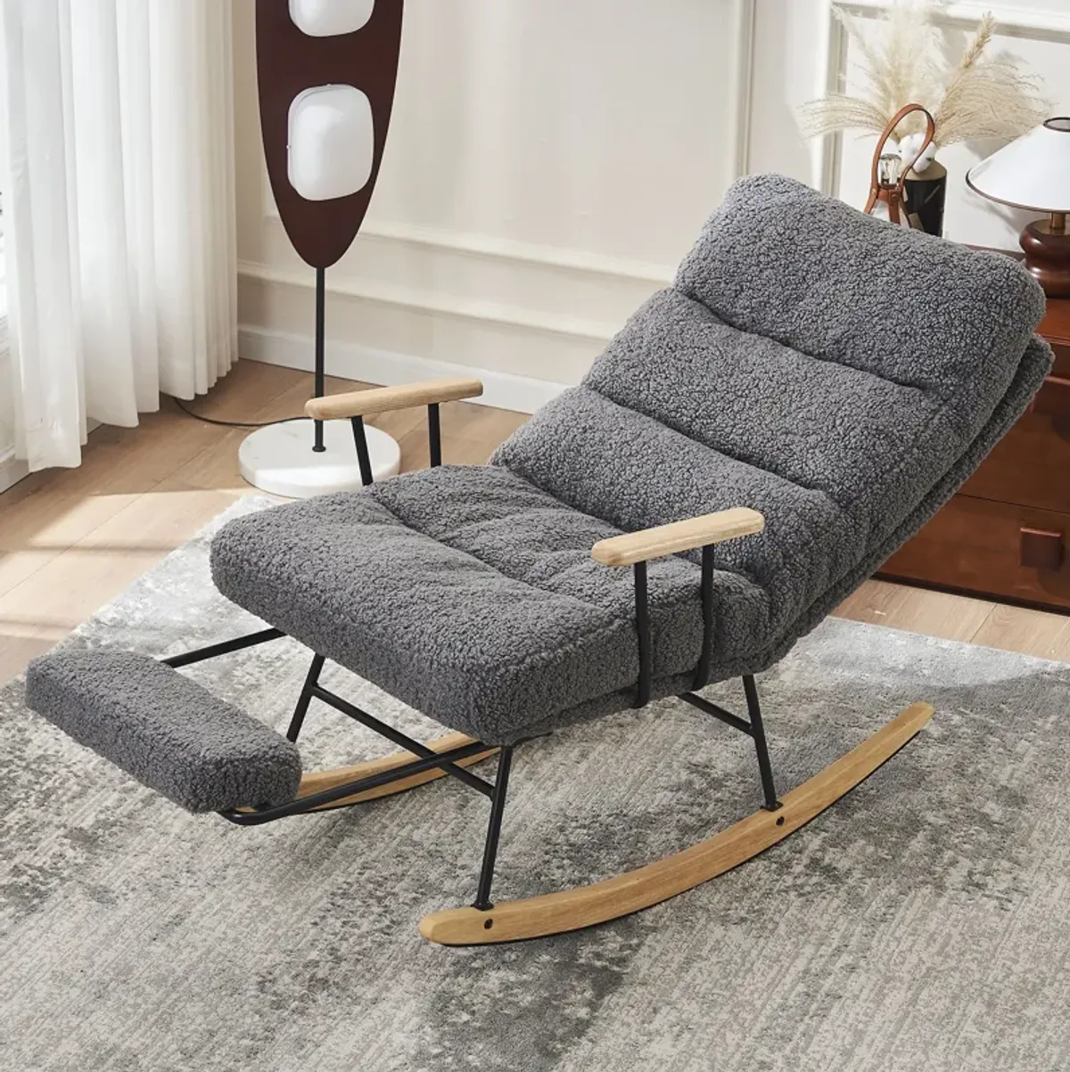 Modern Teddy Gliding Rocking Chair With High Back, Retractable Footrest, And Adjustable Back Angle For Nursery, Living Room, And Bedroom