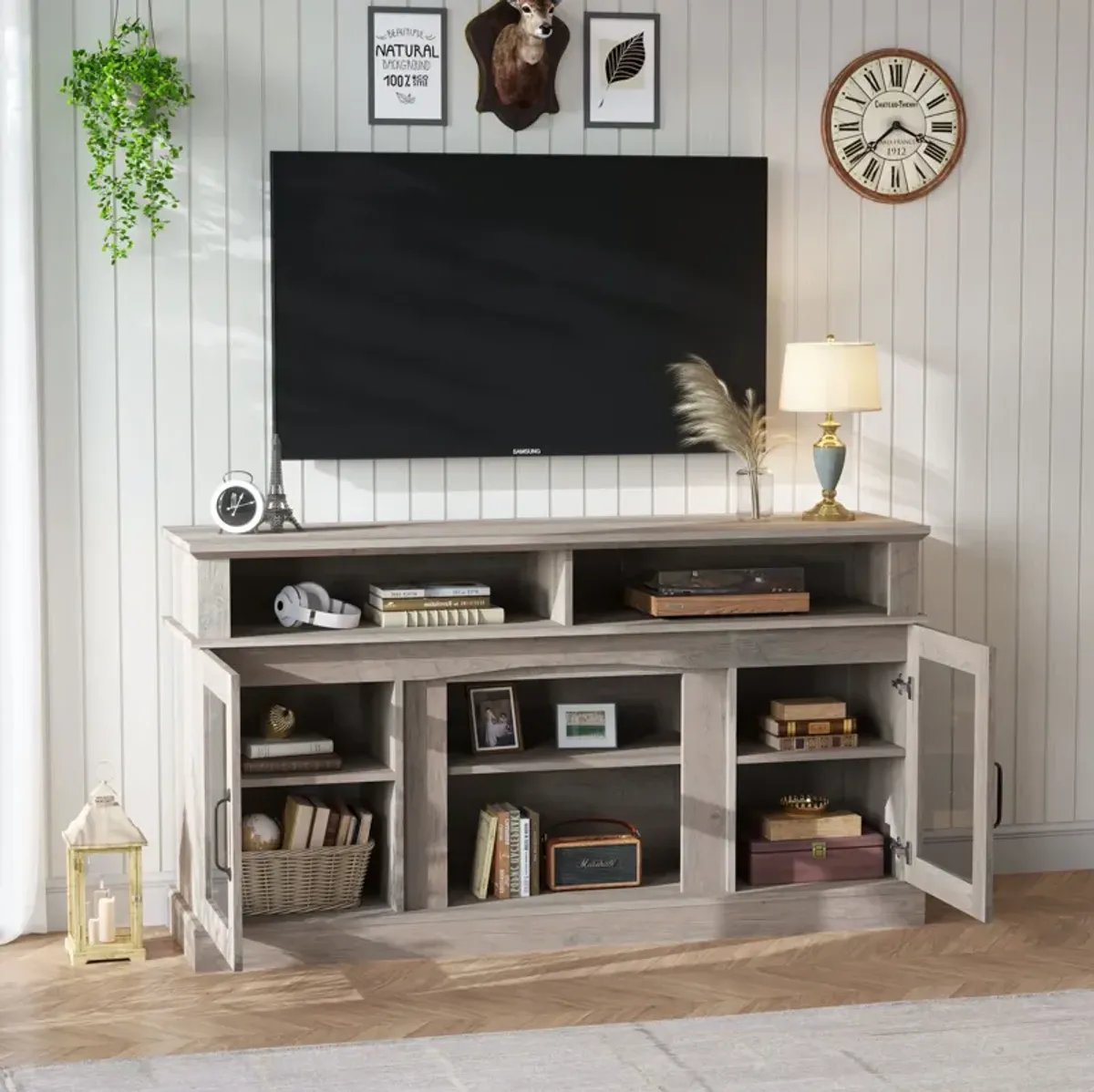 58.27" TV Stand With Storage Cabinet And Shelves, TV Console Table Entertainment Center For Living Room, Bedroom - Gray