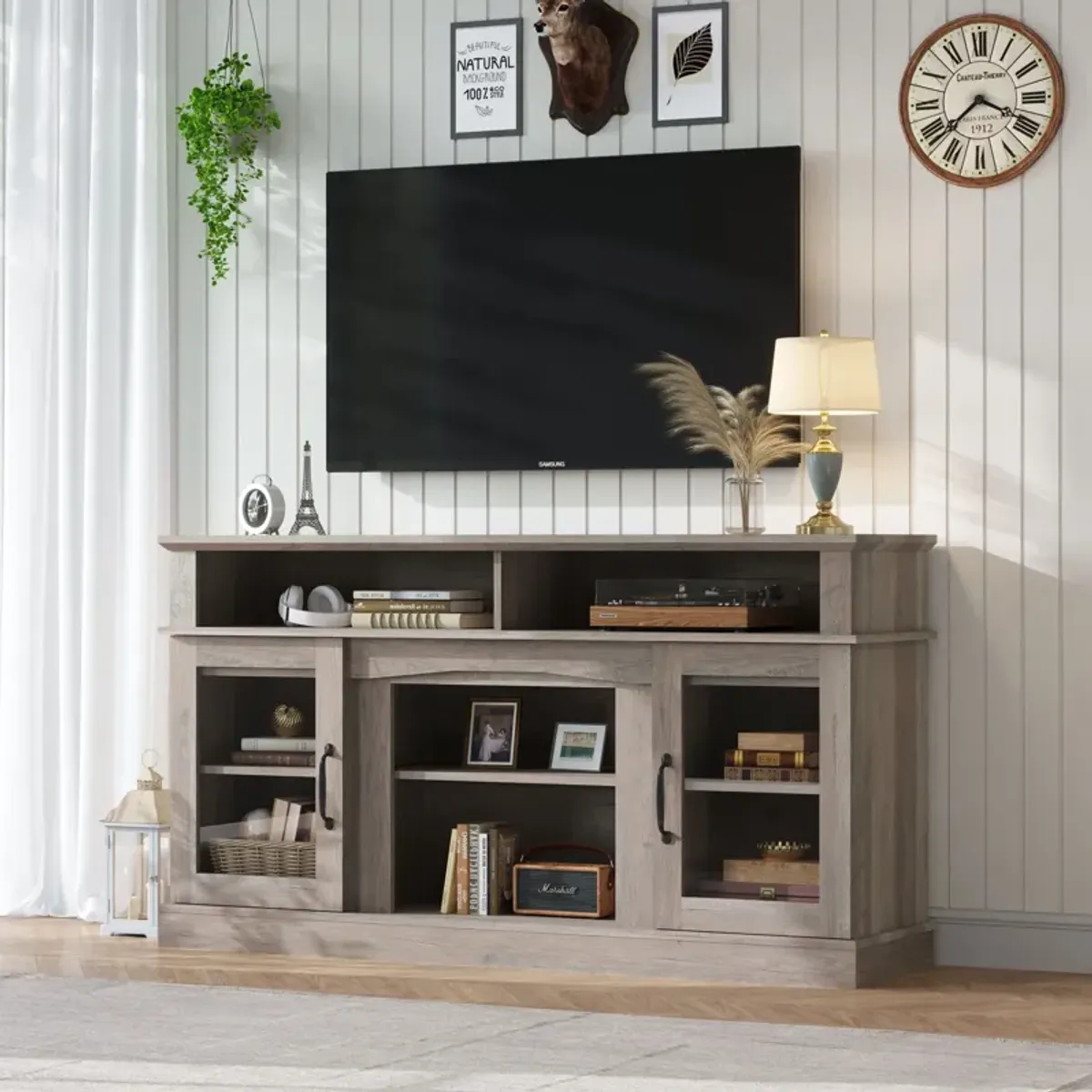 58.27" TV Stand With Storage Cabinet And Shelves, TV Console Table Entertainment Center For Living Room, Bedroom - Gray