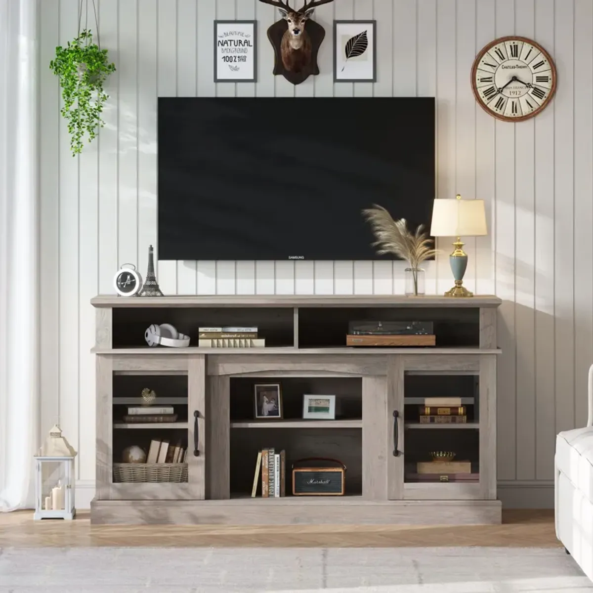 58.27" TV Stand With Storage Cabinet And Shelves, TV Console Table Entertainment Center For Living Room, Bedroom - Gray