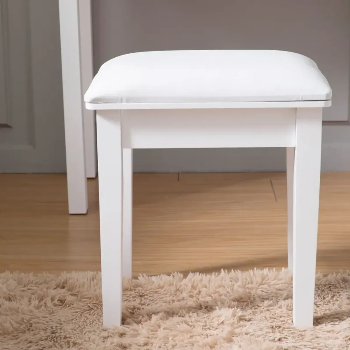 Vanity Stool, Makeup Bench Dressing Stool With Cushion And Solid Legs - White