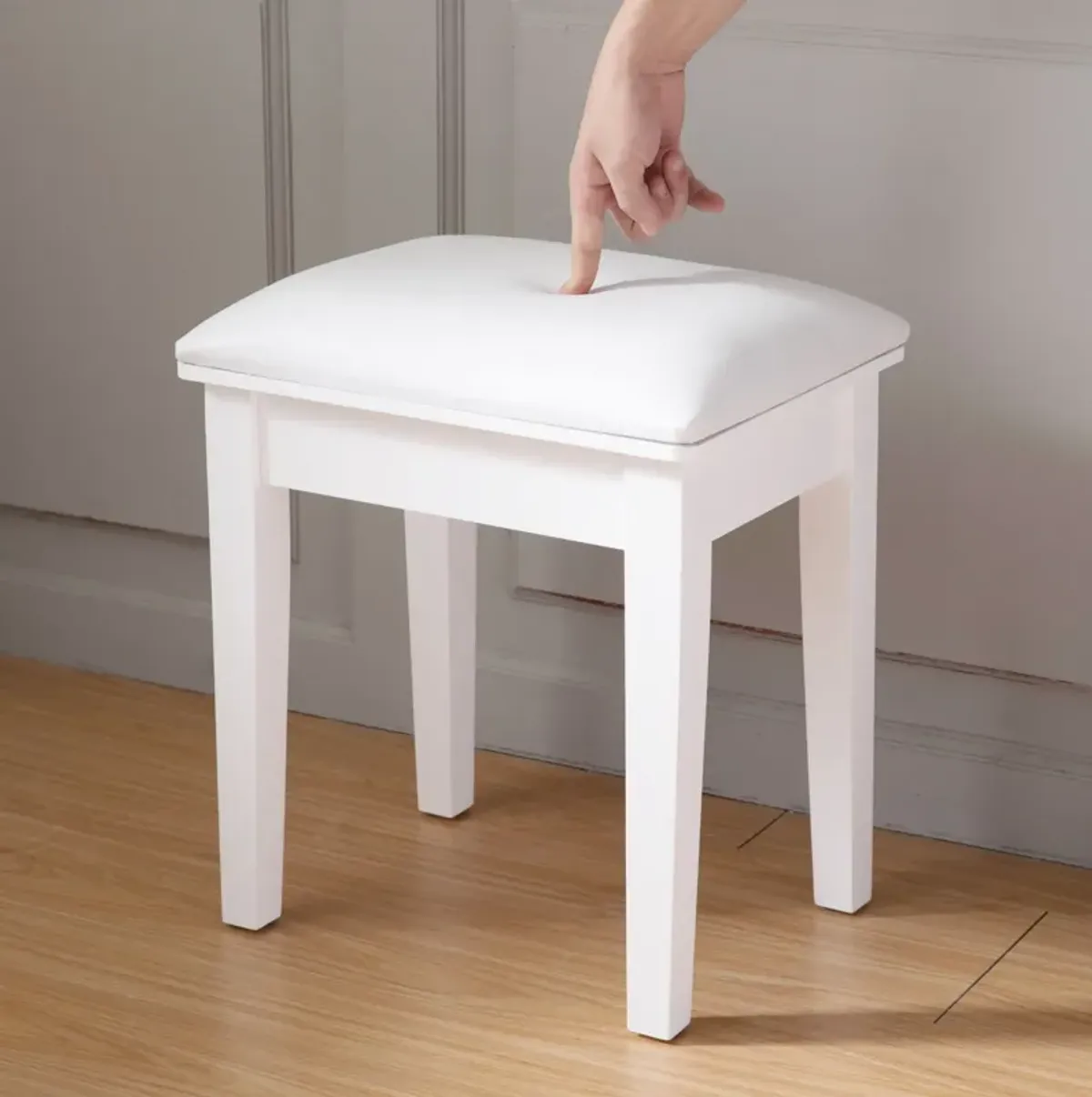 Vanity Stool, Makeup Bench Dressing Stool With Cushion And Solid Legs - White