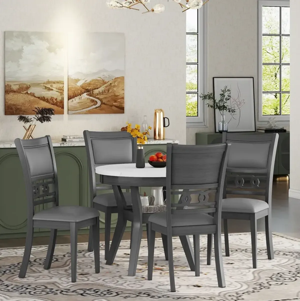 5 Piece Dining Round Table Set With One Faux Marble Top Dining Table And Four Pu-Leather Chairs - Gray