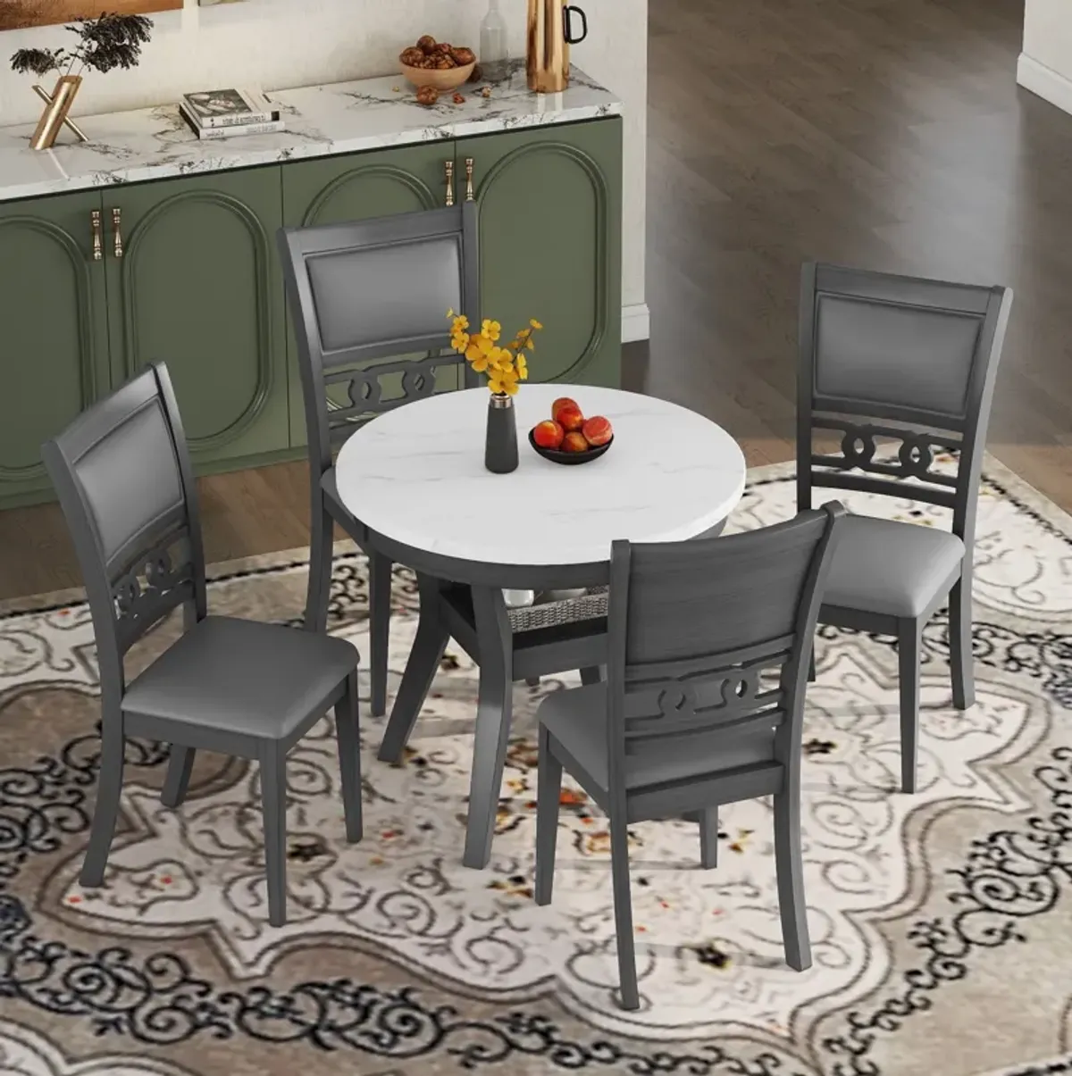 5 Piece Dining Round Table Set With One Faux Marble Top Dining Table And Four Pu-Leather Chairs - Gray