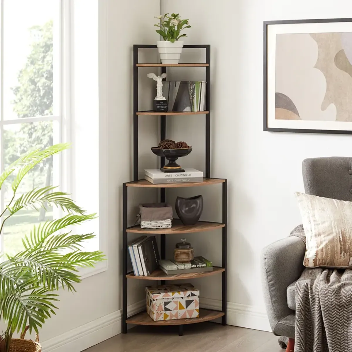 6 Tier Corner Open Shelf Modern Bookcase Wood Rack Freestanding Shelving Unit, Plant Album Trinket Sturdy Stand Small Bookshelf Space-Saving For Living Room Home Office Kitchen Small Space - Rustic Brown