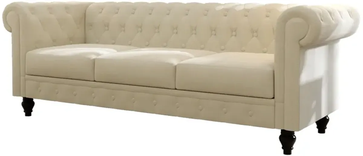 Chesterfield Sofa, 3-Seater Plush Fabric With Tufted Buttons And Wooden Legs, Classic Design - Beige