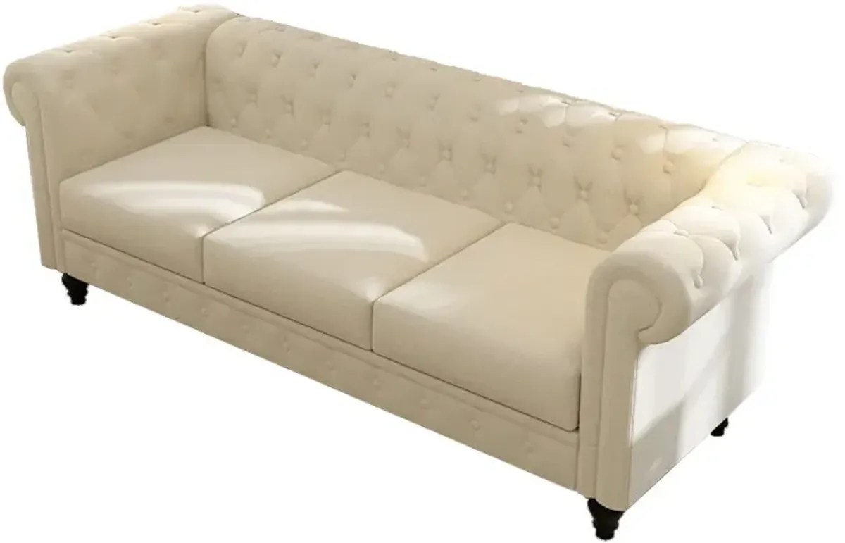 Chesterfield Sofa, 3-Seater Plush Fabric With Tufted Buttons And Wooden Legs, Classic Design - Beige