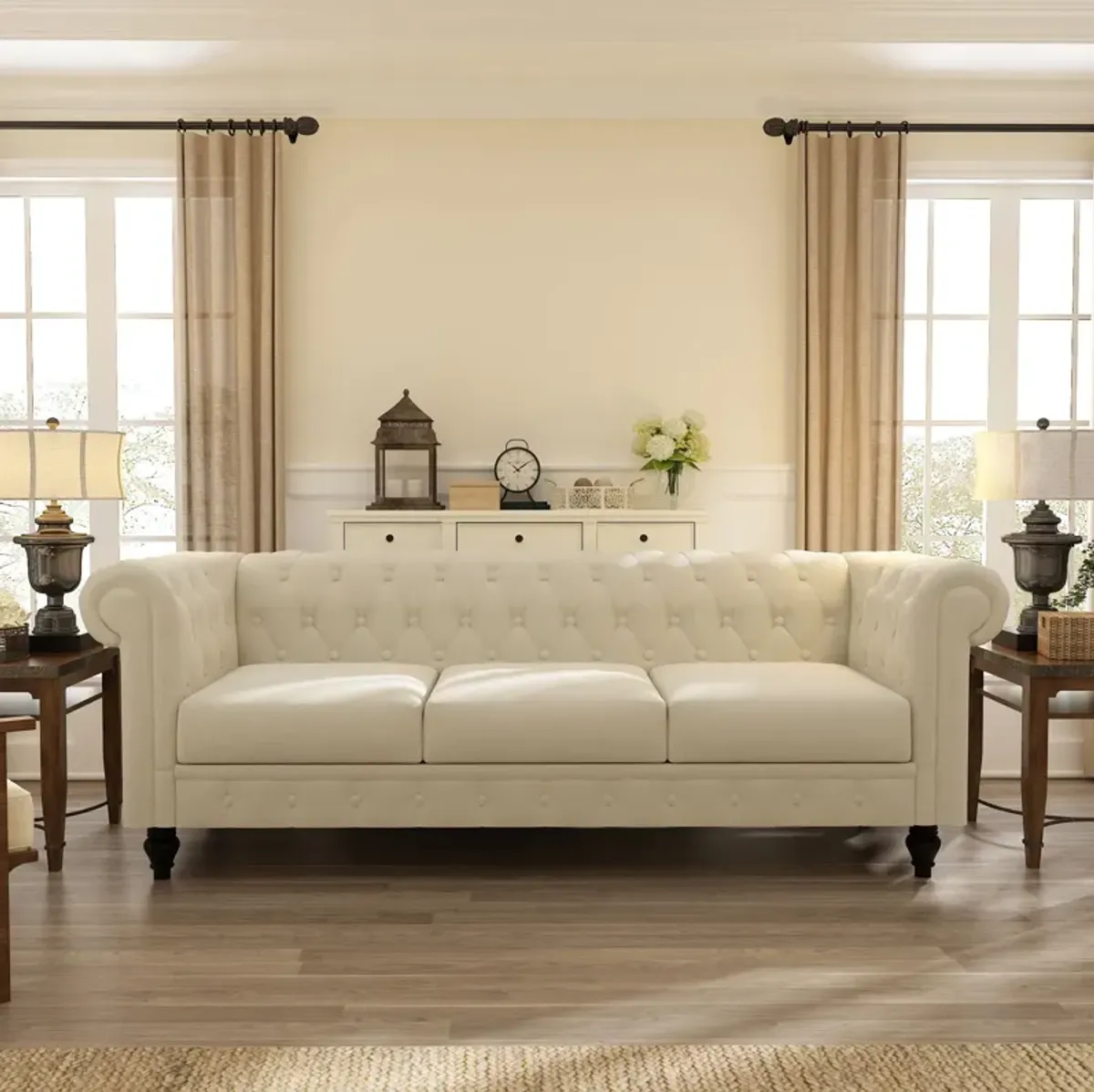 Chesterfield Sofa, 3-Seater Plush Fabric With Tufted Buttons And Wooden Legs, Classic Design - Beige