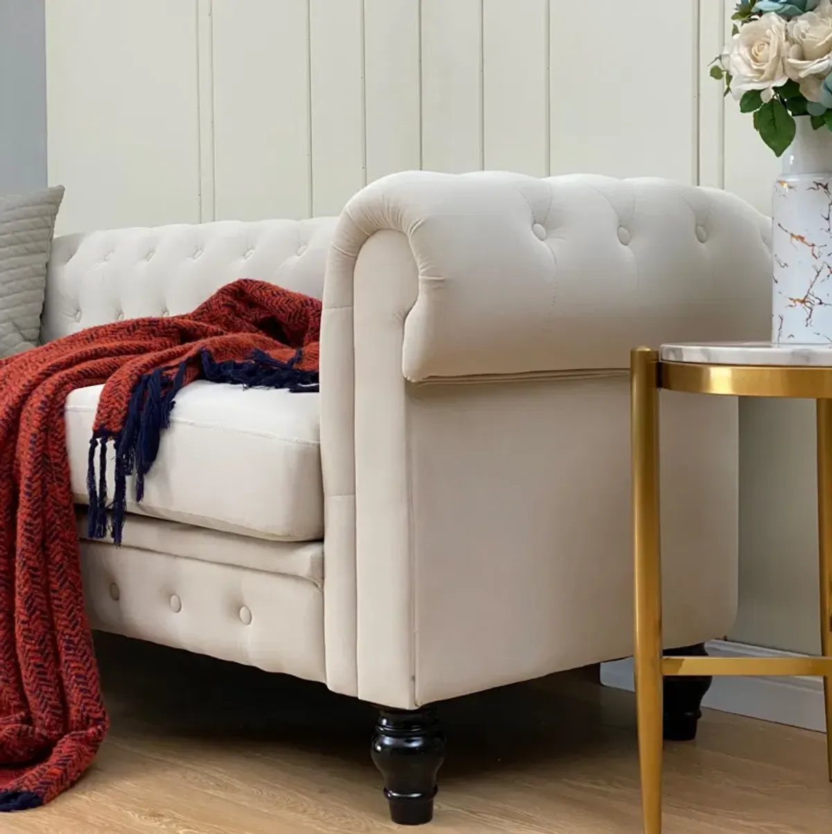 Chesterfield Sofa, 3-Seater Plush Fabric With Tufted Buttons And Wooden Legs, Classic Design - Beige