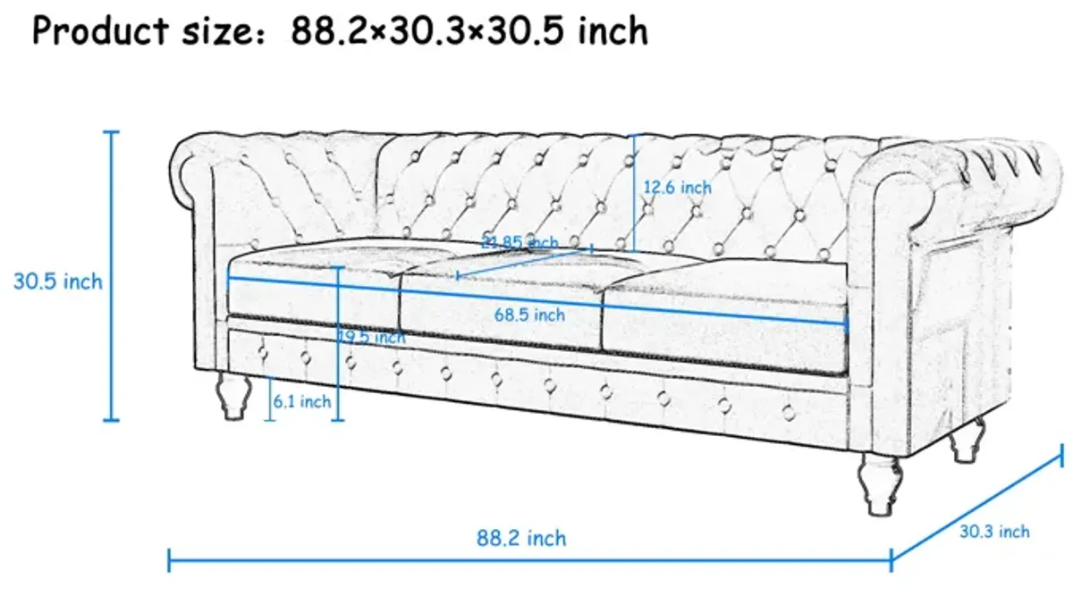 Chesterfield Sofa, 3-Seater Plush Fabric With Tufted Buttons And Wooden Legs, Classic Design - Beige