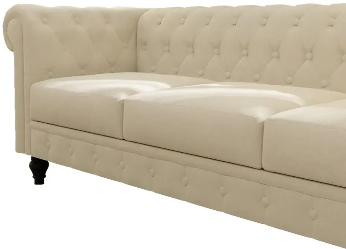 Chesterfield Sofa, 3-Seater Plush Fabric With Tufted Buttons And Wooden Legs, Classic Design - Beige