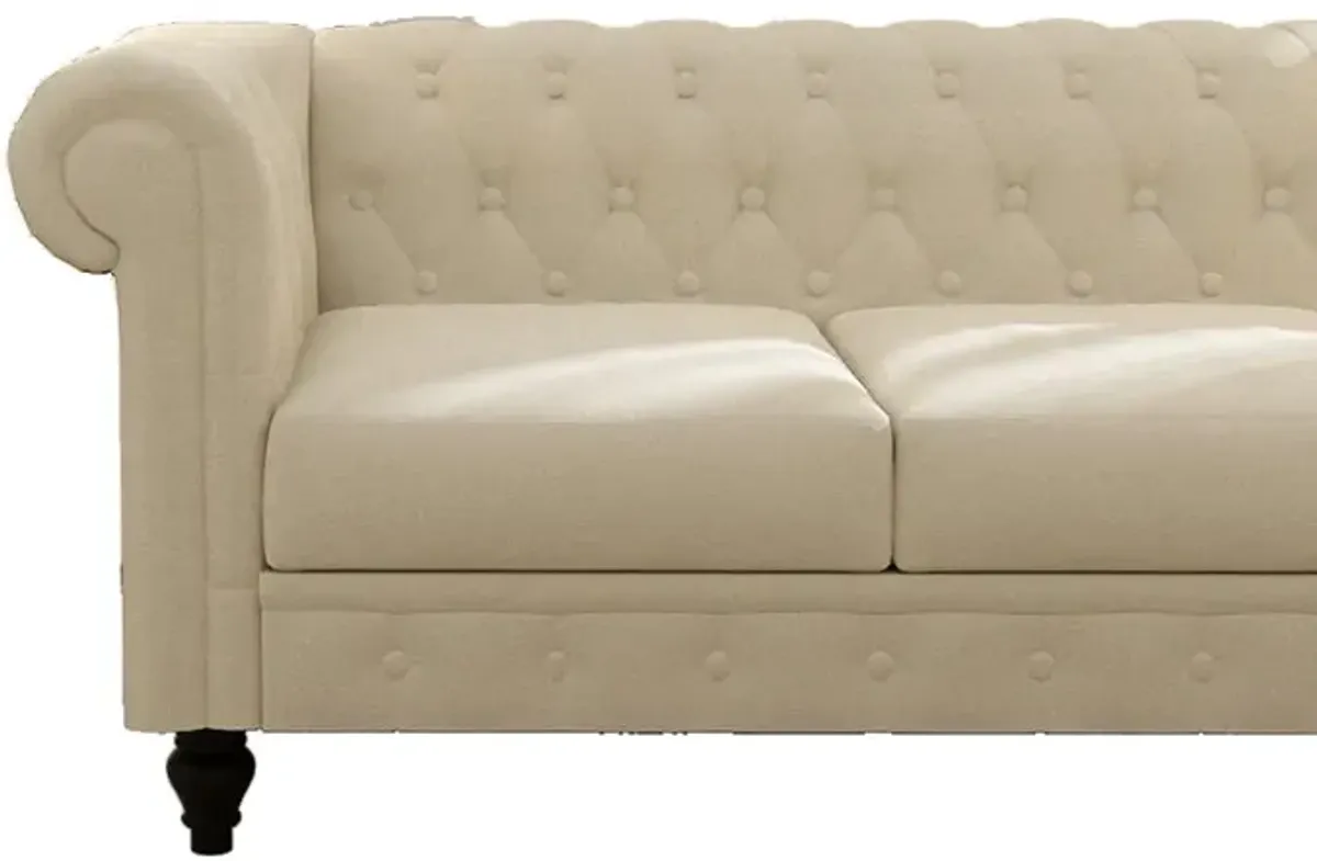 Chesterfield Sofa, 3-Seater Plush Fabric With Tufted Buttons And Wooden Legs, Classic Design - Beige