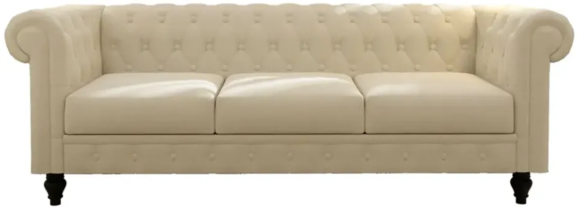 Chesterfield Sofa, 3-Seater Plush Fabric With Tufted Buttons And Wooden Legs, Classic Design - Beige