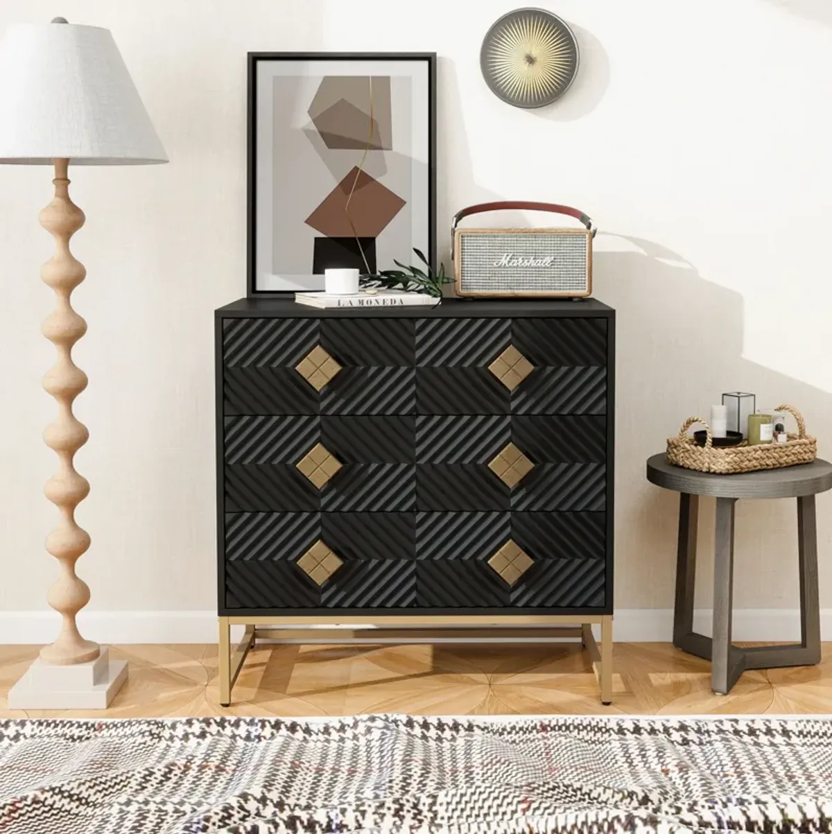 3 Drawer Storage Cabinet, 3 Drawer Modern Dresser, Chest Of Drawers With Decorative Embossed Pattern Door For Entryway, Living Room, Bed Room - Black