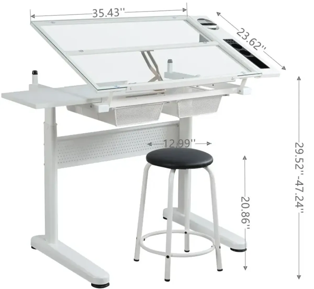 38.18" Hand Crank Adjustable Drafting Table Drawing Desk With 2 Metal Drawers With Stool