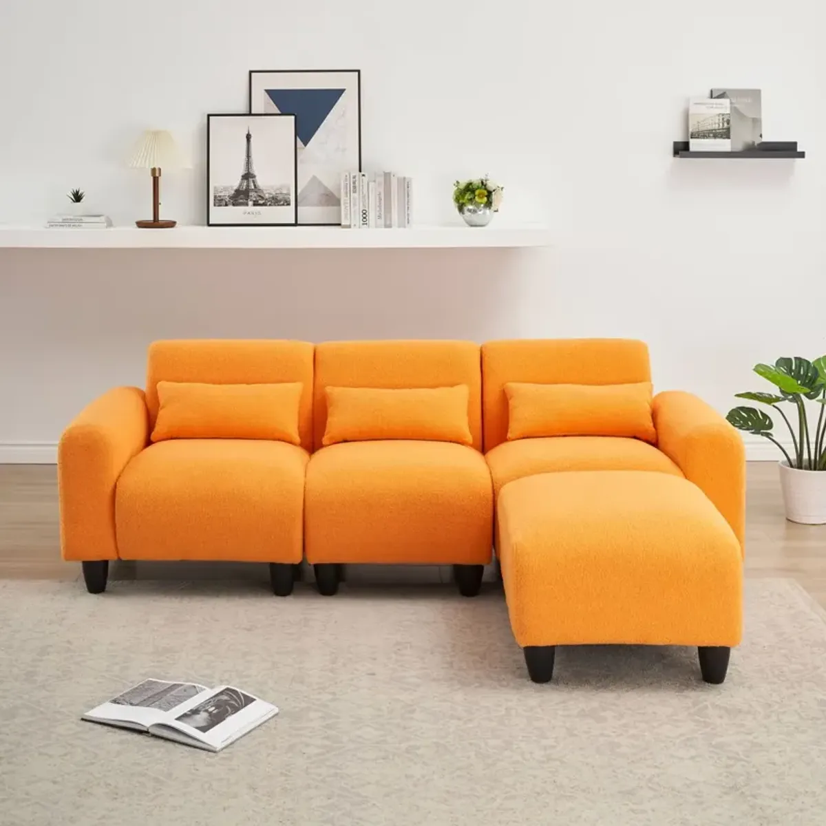 Teddy Fleece Creative Sofa Can Be Assembled Into A Two-Seater Sofa Plus A Single Couch With Three Waist Pillows To Perfectly Stretch Your Waist For Small Apartment Bedroom Spaces