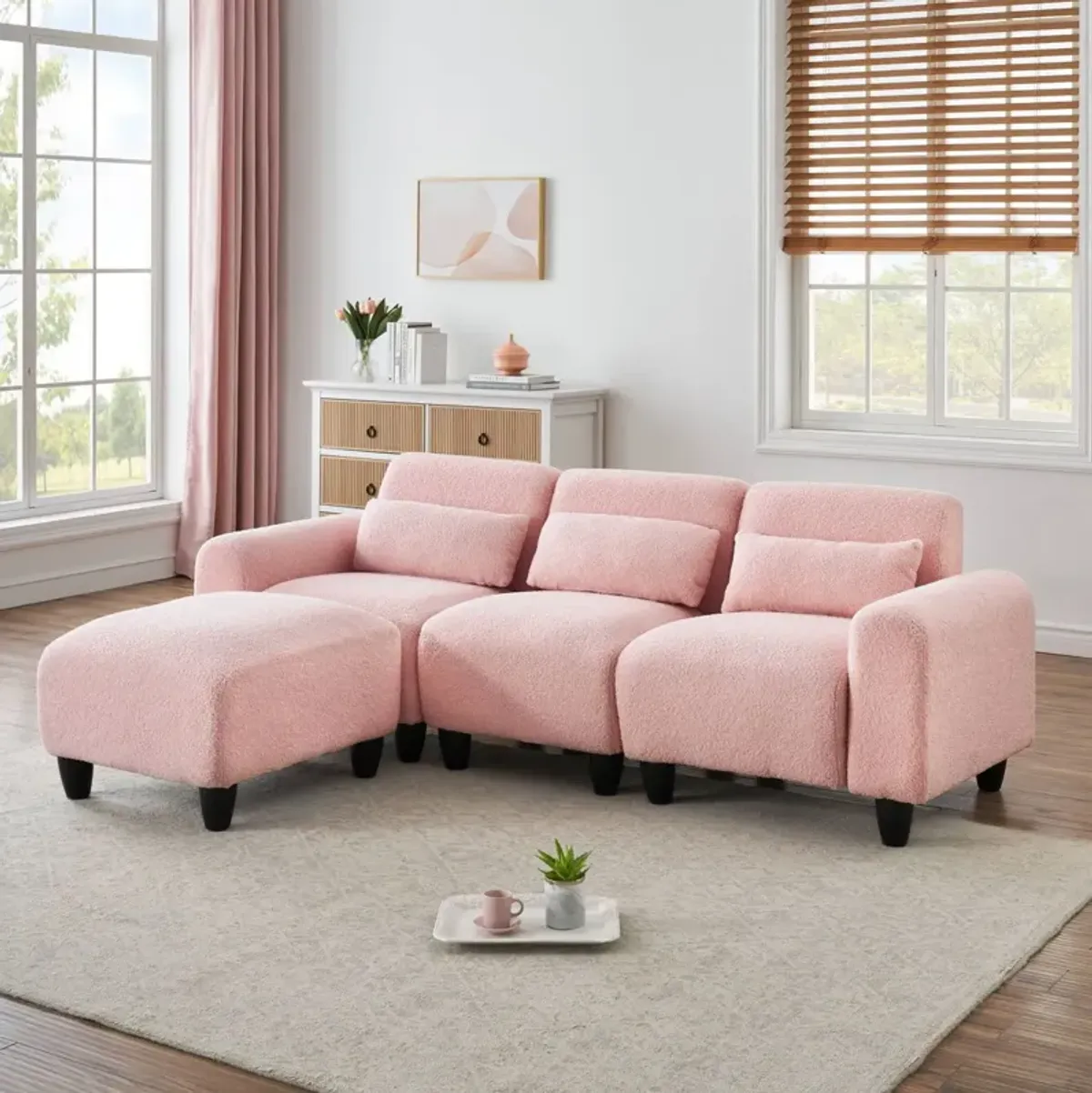 Teddy Fleece Creative Sofa Can Be Assembled Into A Two-Seater Sofa Plus A Single Couch With Three Waist Pillows To Perfectly Stretch Your Waist For Small Apartment Bedroom Spaces