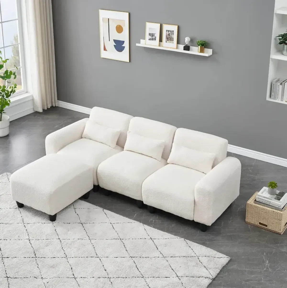 Teddy Fleece Creative Sofa Can Be Assembled Into A Two-Seater Sofa Plus A Single Couch With Three Waist Pillows To Perfectly Stretch Your Waist For Small Apartment Bedroom Spaces