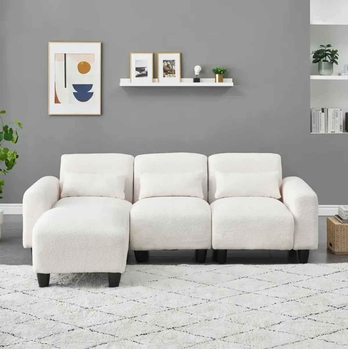 Teddy Fleece Creative Sofa Can Be Assembled Into A Two-Seater Sofa Plus A Single Couch With Three Waist Pillows To Perfectly Stretch Your Waist For Small Apartment Bedroom Spaces