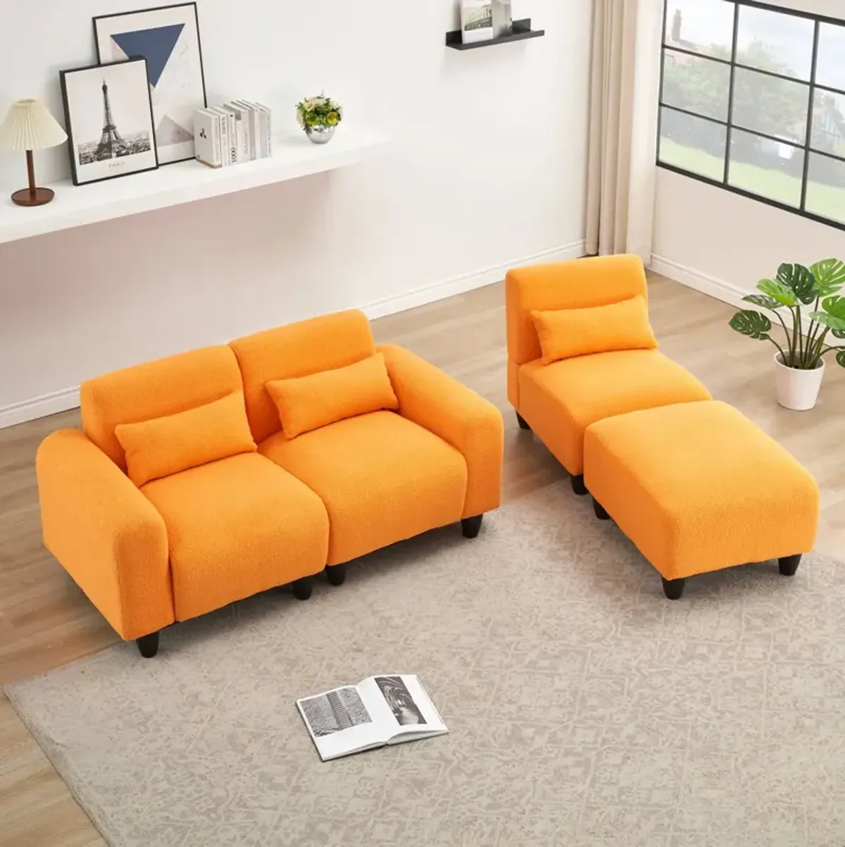 Teddy Fleece Creative Sofa Can Be Assembled Into A Two-Seater Sofa Plus A Single Couch With Three Waist Pillows To Perfectly Stretch Your Waist For Small Apartment Bedroom Spaces