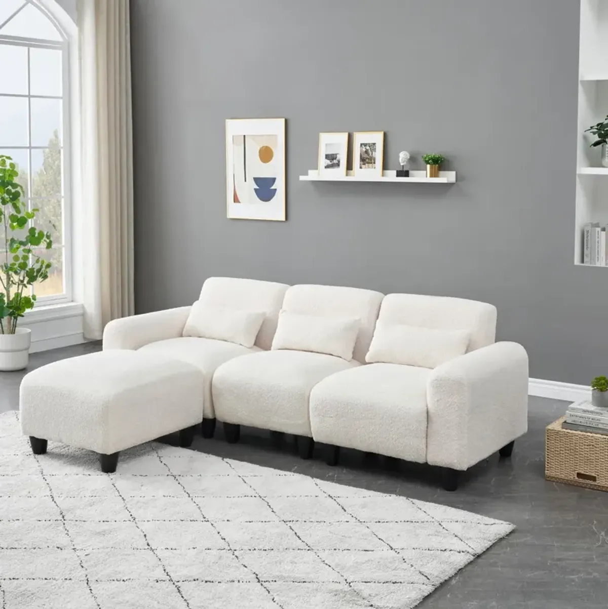 Teddy Fleece Creative Sofa Can Be Assembled Into A Two-Seater Sofa Plus A Single Couch With Three Waist Pillows To Perfectly Stretch Your Waist For Small Apartment Bedroom Spaces