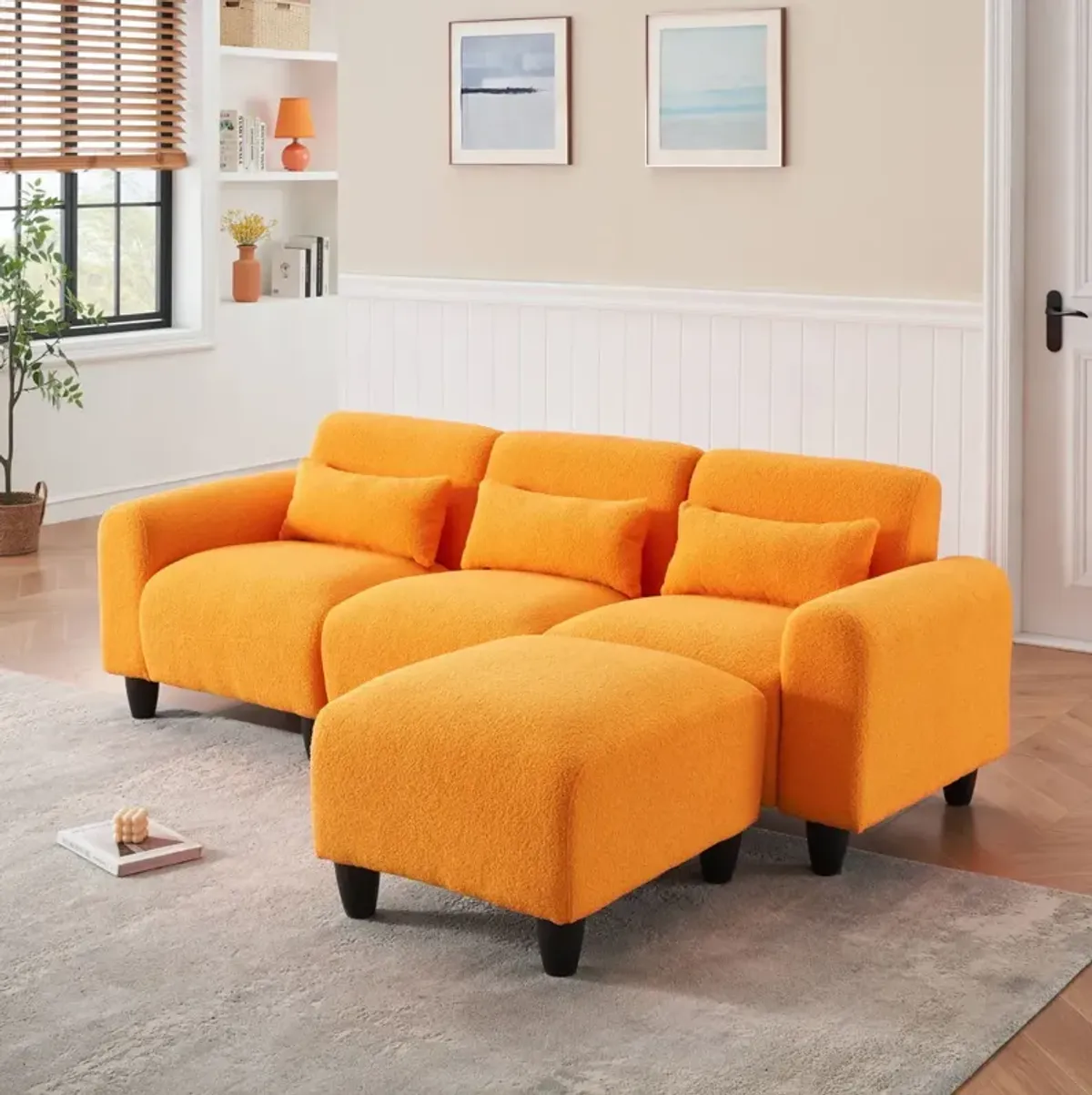 Teddy Fleece Creative Sofa Can Be Assembled Into A Two-Seater Sofa Plus A Single Couch With Three Waist Pillows To Perfectly Stretch Your Waist For Small Apartment Bedroom Spaces