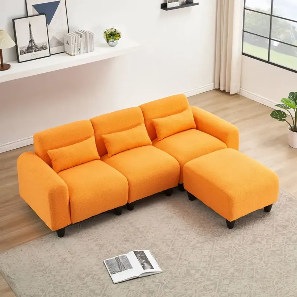 Teddy Fleece Creative Sofa Can Be Assembled Into A Two-Seater Sofa Plus A Single Couch With Three Waist Pillows To Perfectly Stretch Your Waist For Small Apartment Bedroom Spaces