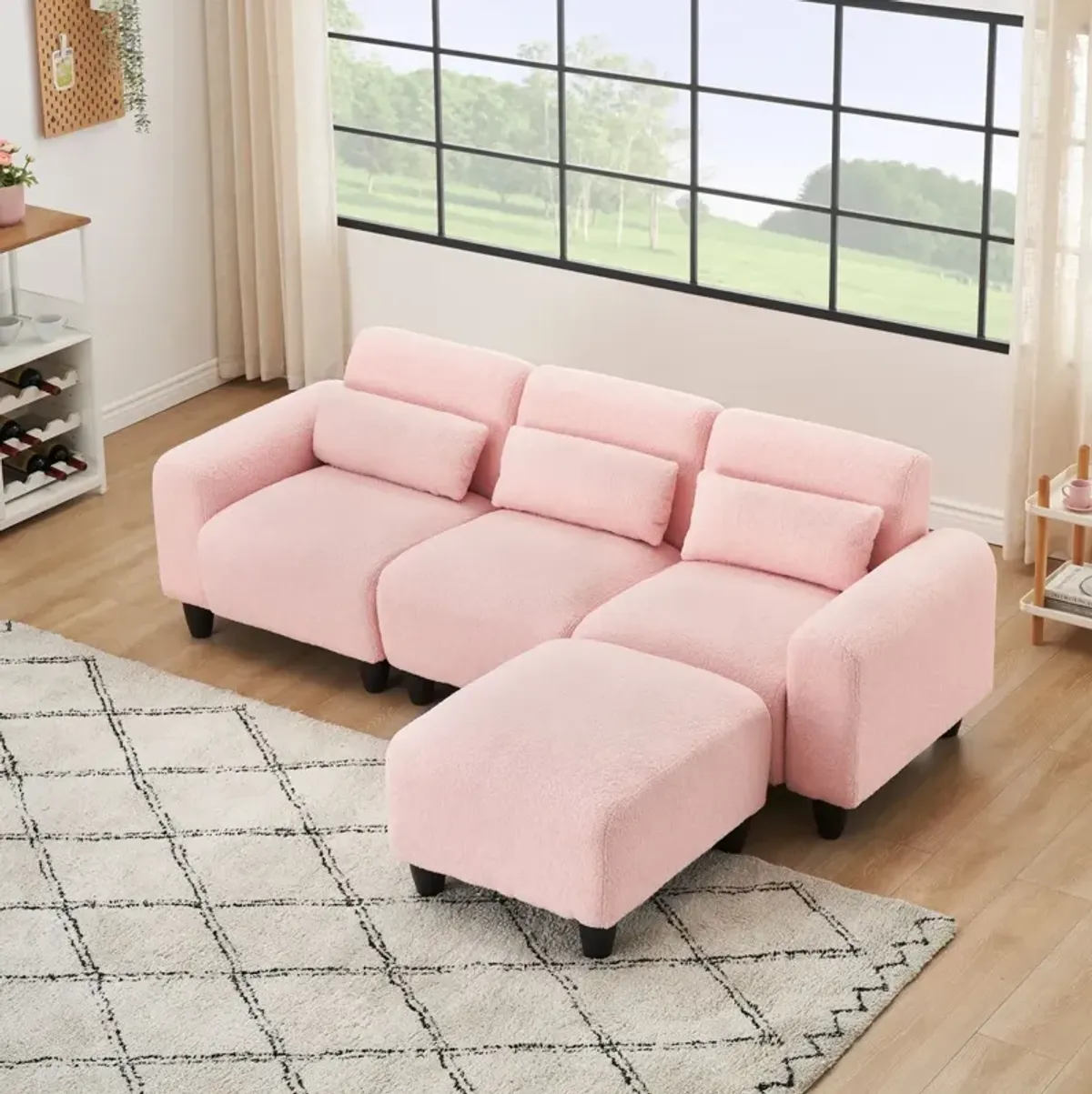 Teddy Fleece Creative Sofa Can Be Assembled Into A Two-Seater Sofa Plus A Single Couch With Three Waist Pillows To Perfectly Stretch Your Waist For Small Apartment Bedroom Spaces