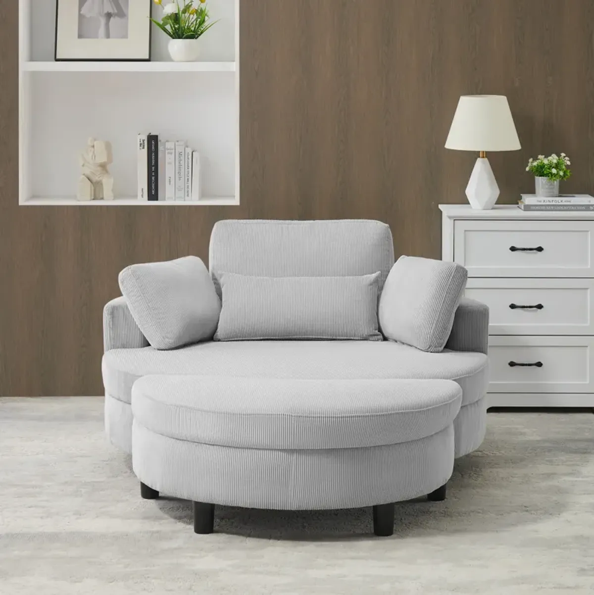 Corduroy Sofa With Two Throw Pillows And A Waist Pillow With An Extra Tray For Comfortable Seating In Small Apartment Bedrooms