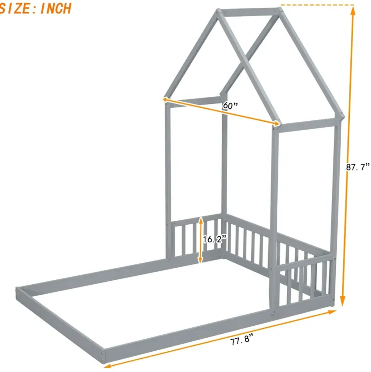 House-Shaped Roof Headboard Floor Bed, (Without Slats)