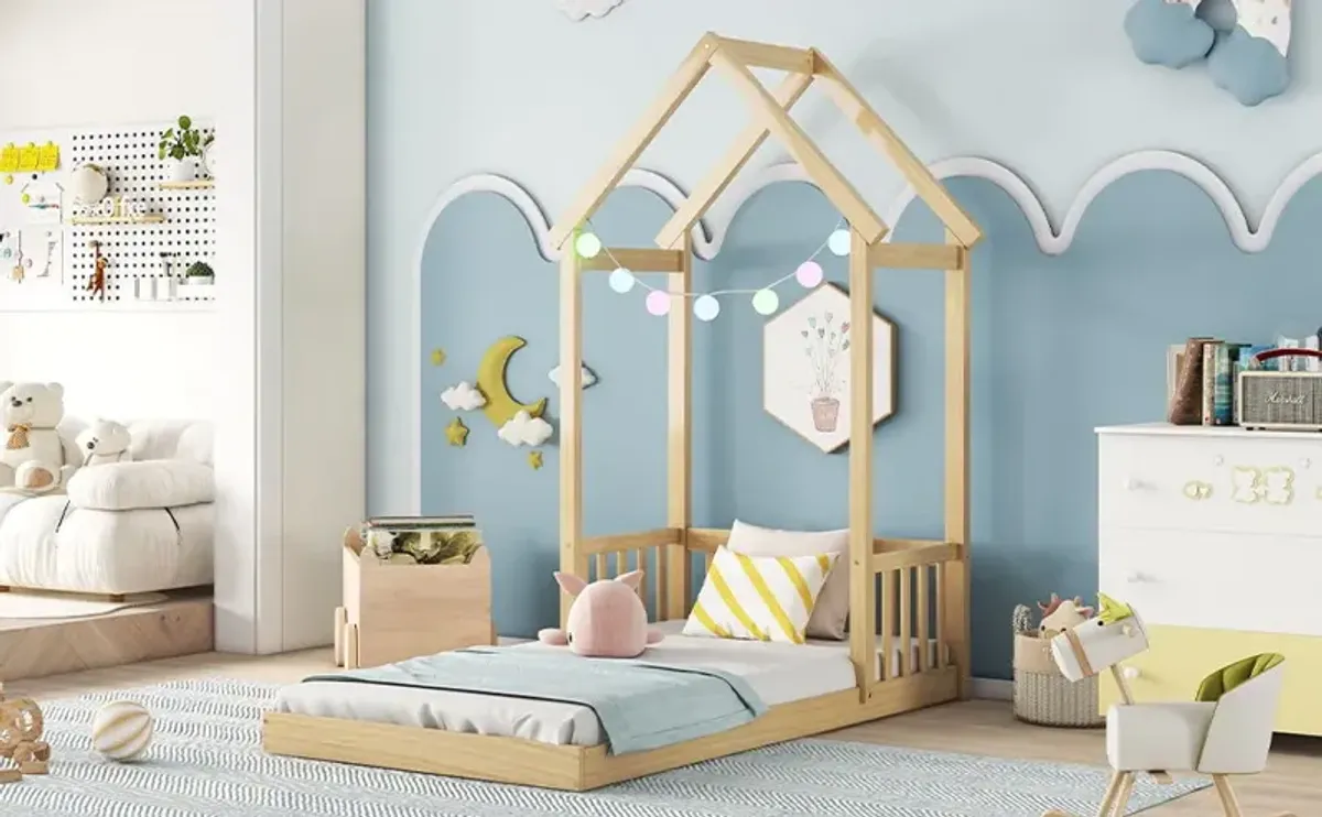 House-Shaped Roof Headboard Floor Bed, (Without Slats)