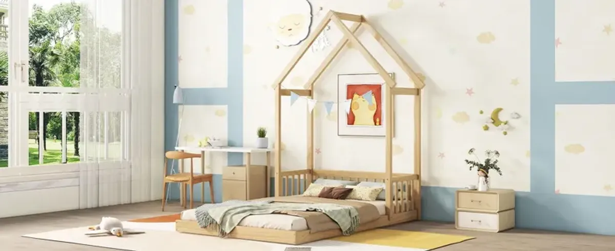 House-Shaped Roof Headboard Floor Bed, (Without Slats)