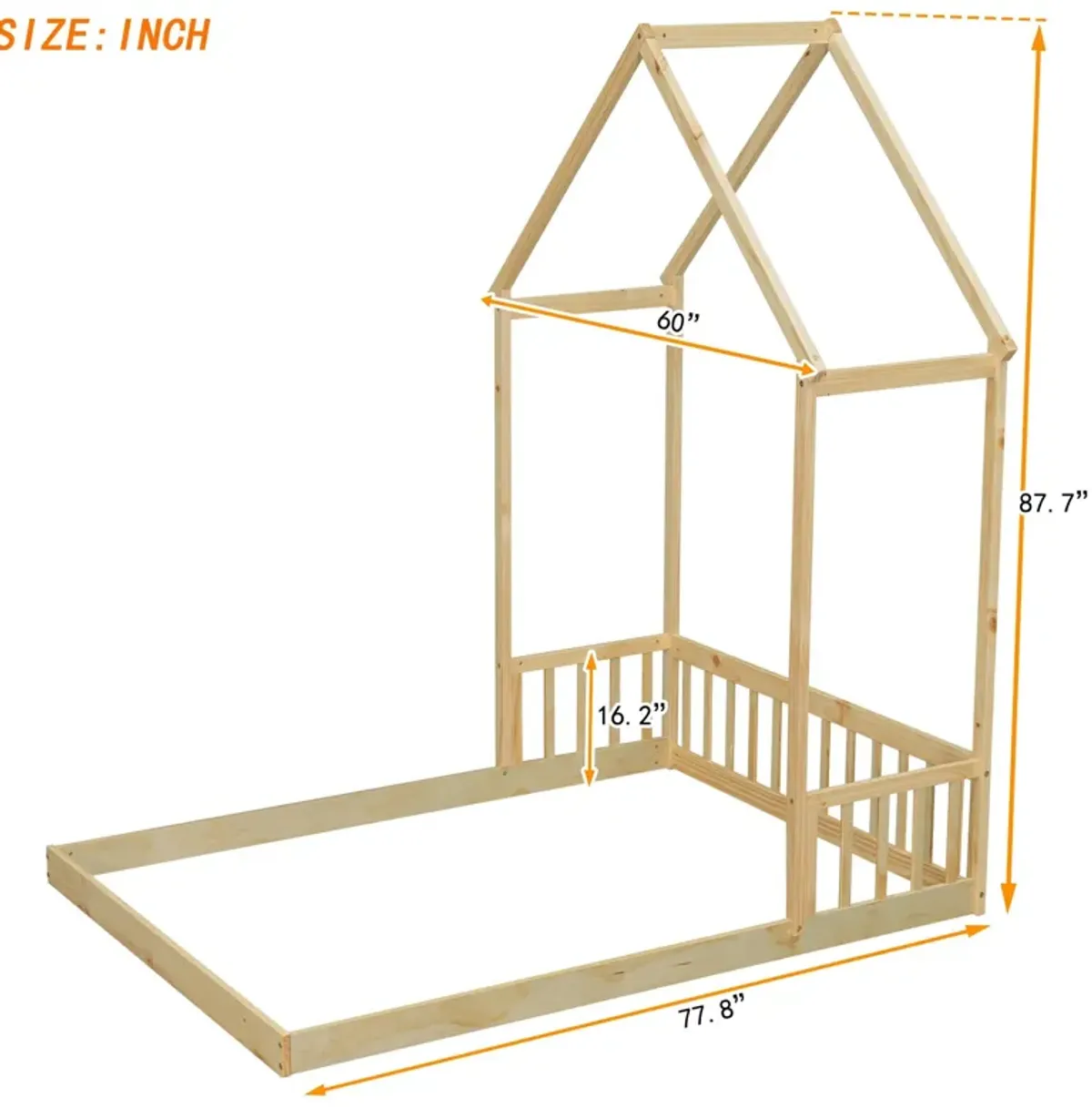 House-Shaped Roof Headboard Floor Bed, (Without Slats)