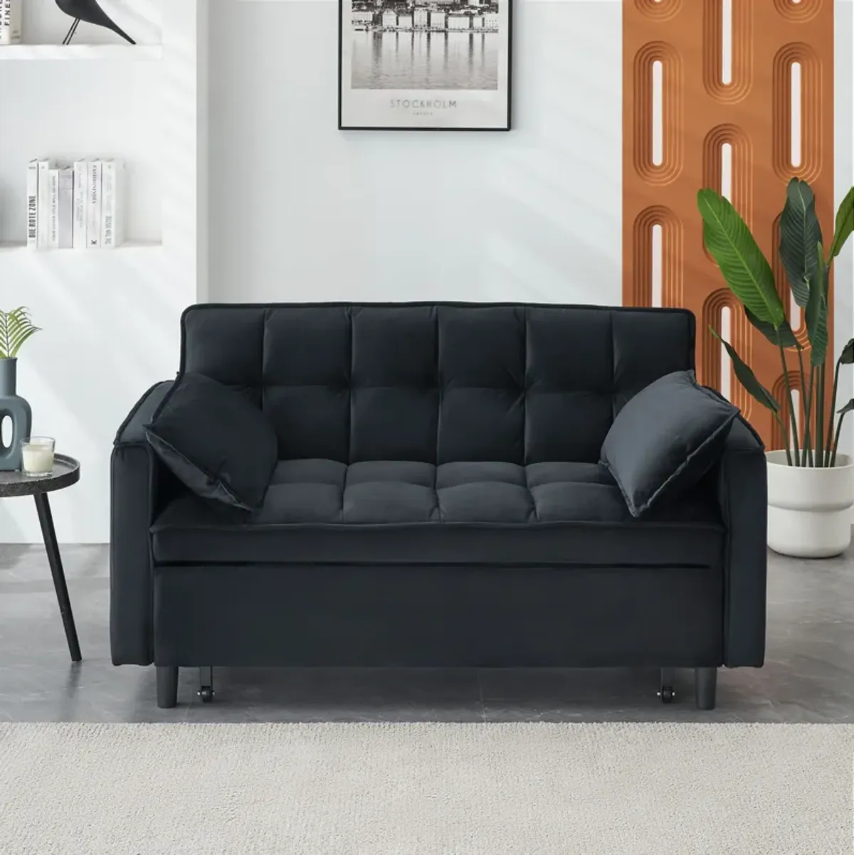 Modern Velvet Sofa, Sofa Pull-Out Bed, Small Love Seat Casual Sofa With Back, With Pillow, Pockets, Living Room Furniture, 3 In 1 Convertible Sleep Sofa Bed