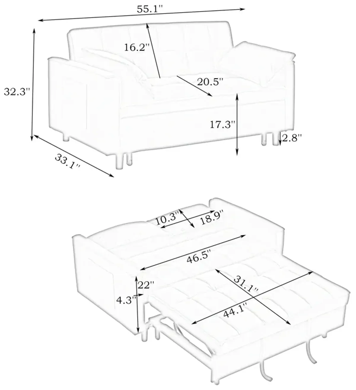 Modern Velvet Sofa, Sofa Pull-Out Bed, Small Love Seat Casual Sofa With Back, With Pillow, Pockets, Living Room Furniture, 3 In 1 Convertible Sleep Sofa Bed