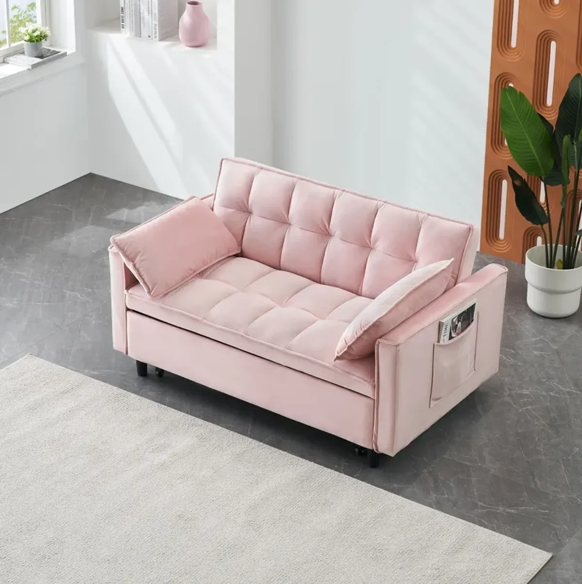 Modern Velvet Sofa, Sofa Pull-Out Bed, Small Love Seat Casual Sofa With Back, With Pillow, Pockets, Living Room Furniture, 3 In 1 Convertible Sleep Sofa Bed