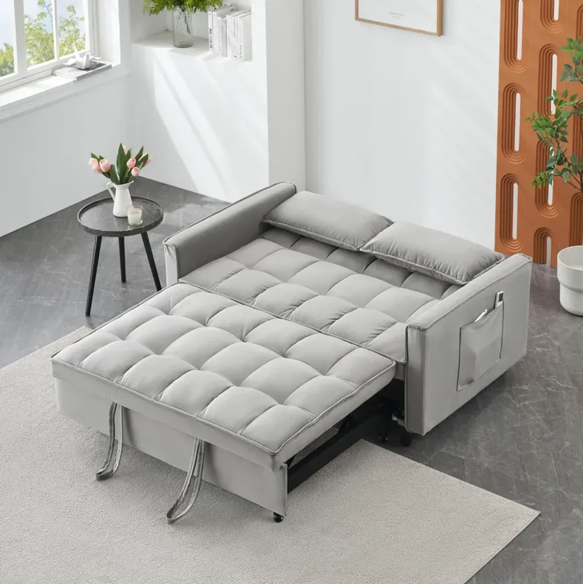 Modern Velvet Sofa, Sofa Pull-Out Bed, Small Love Seat Casual Sofa With Back, With Pillow, Pockets, Living Room Furniture, 3 In 1 Convertible Sleep Sofa Bed