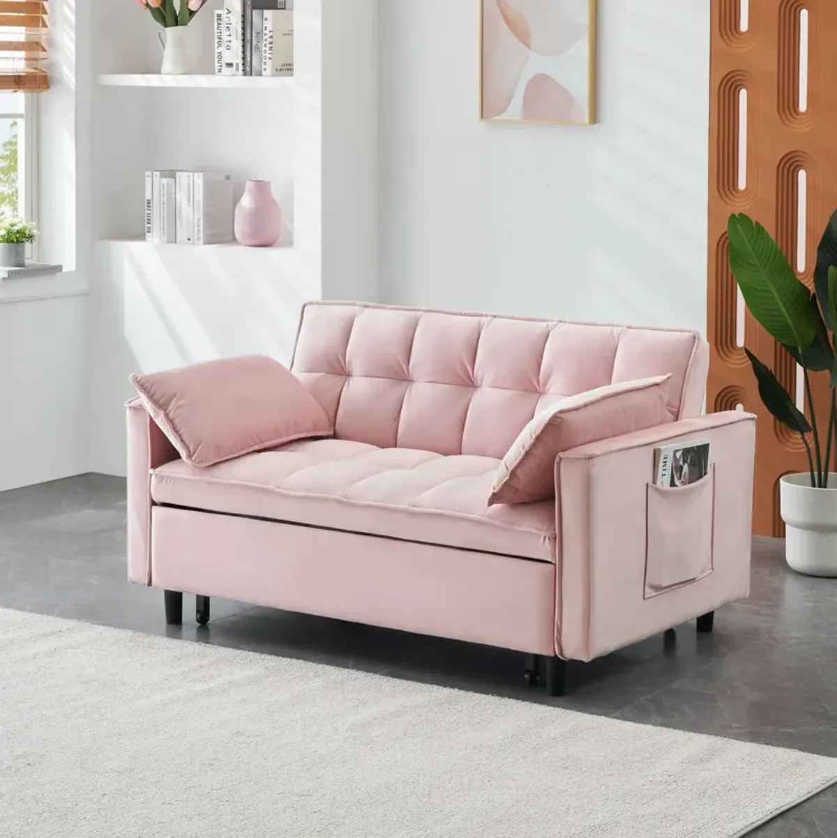 Modern Velvet Sofa, Sofa Pull-Out Bed, Small Love Seat Casual Sofa With Back, With Pillow, Pockets, Living Room Furniture, 3 In 1 Convertible Sleep Sofa Bed