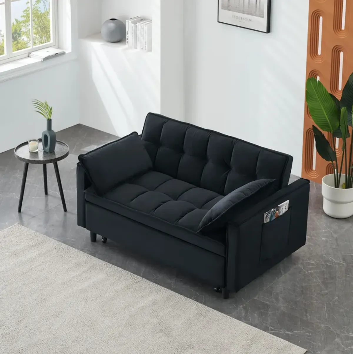 Modern Velvet Sofa, Sofa Pull-Out Bed, Small Love Seat Casual Sofa With Back, With Pillow, Pockets, Living Room Furniture, 3 In 1 Convertible Sleep Sofa Bed