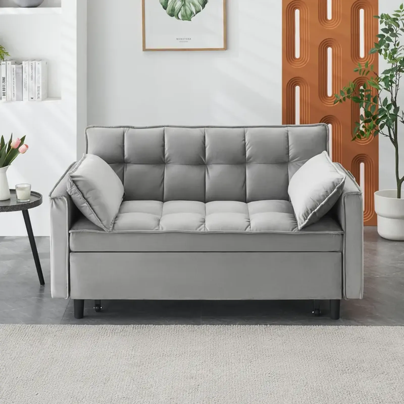 Modern Velvet Sofa, Sofa Pull-Out Bed, Small Love Seat Casual Sofa With Back, With Pillow, Pockets, Living Room Furniture, 3 In 1 Convertible Sleep Sofa Bed